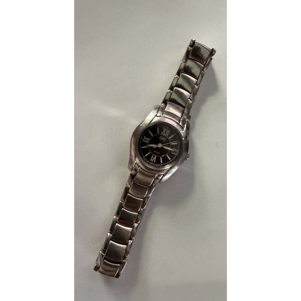 Casio Womens WR 100 Stainless Steel Watch Analog Roman Numerals Black Dial Water